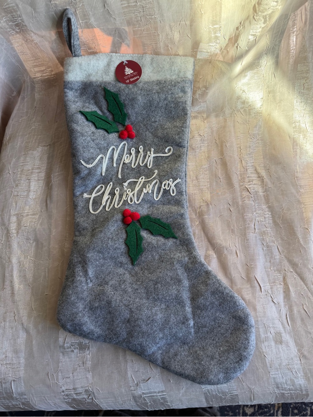 Merry Christmas Holiday Stocking Gray & Green